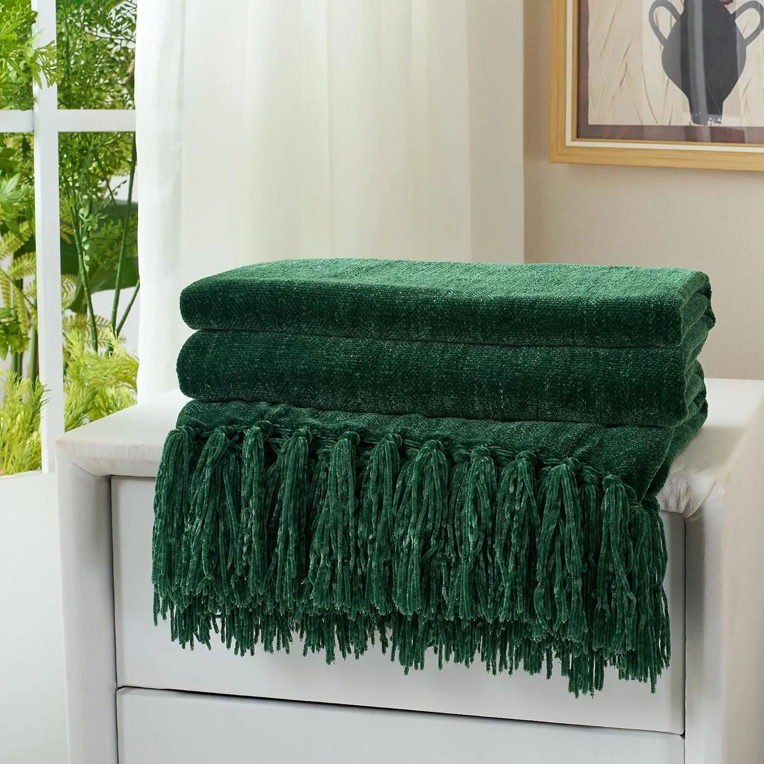 Chenille Throw Blanket for Couch with Tassels,50"X60" Soft Cozy Lightweight Knitted Boho Decorative Blankets for Bed and Sofa,Dark Green