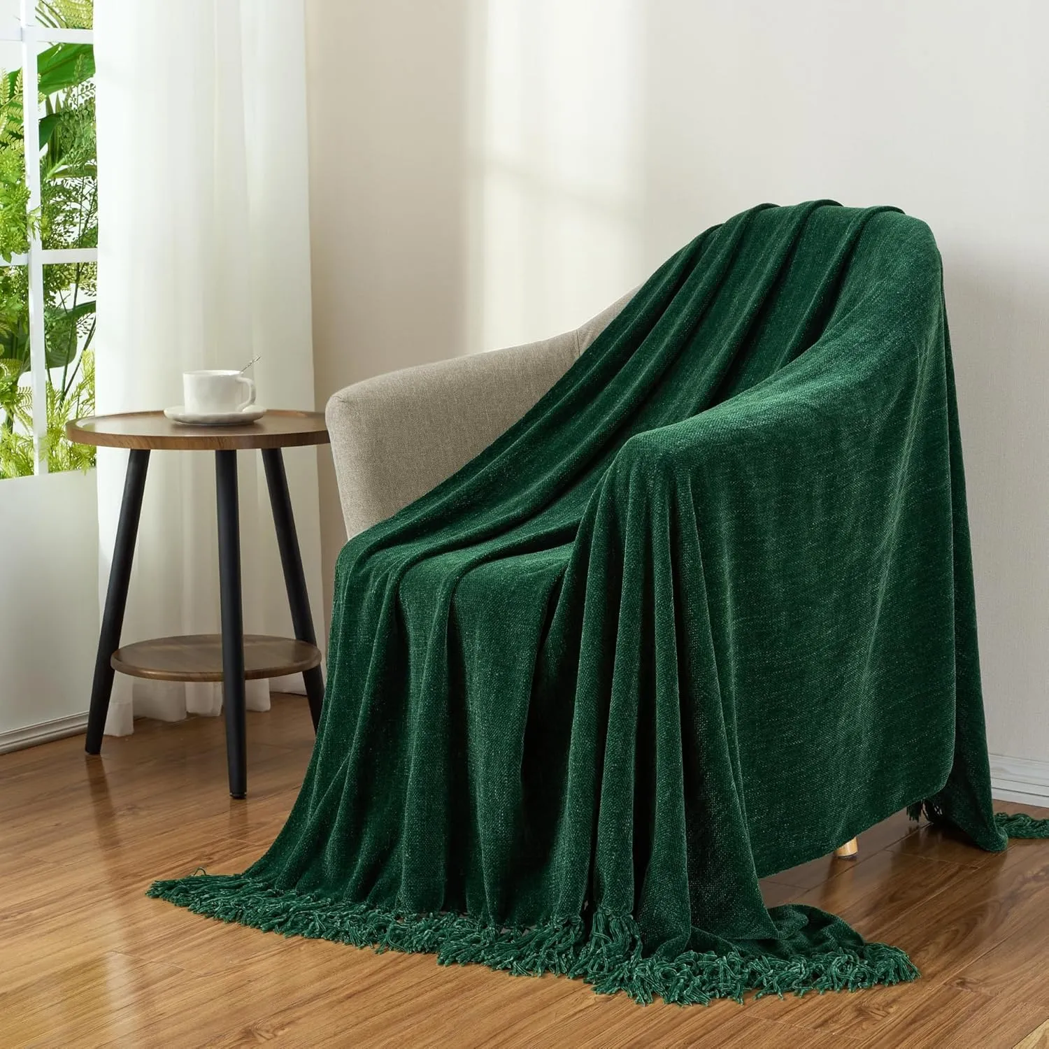 Chenille Throw Blanket for Couch with Tassels,50"X60" Soft Cozy Lightweight Knitted Boho Decorative Blankets for Bed and Sofa,Dark Green