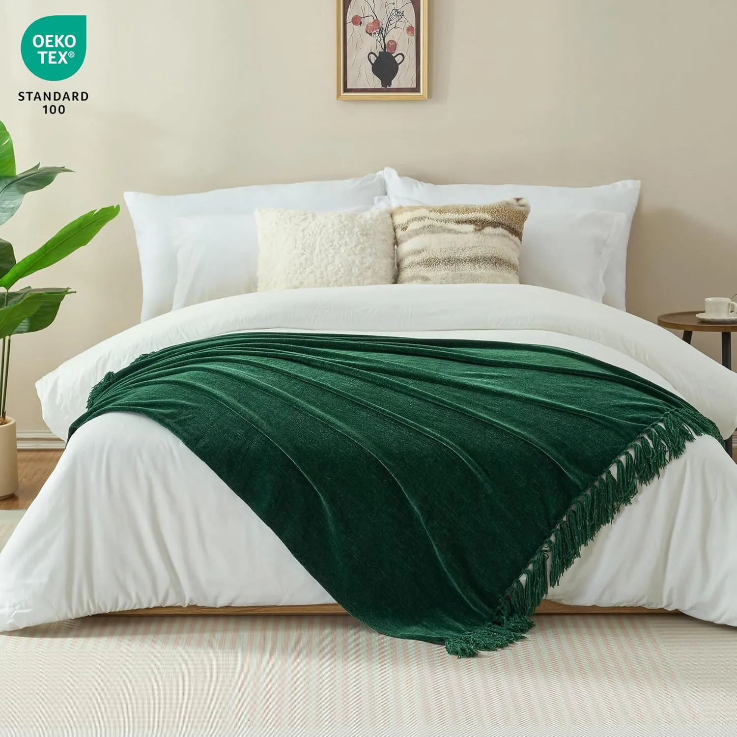 Chenille Throw Blanket for Couch with Tassels,50"X60" Soft Cozy Lightweight Knitted Boho Decorative Blankets for Bed and Sofa,Dark Green