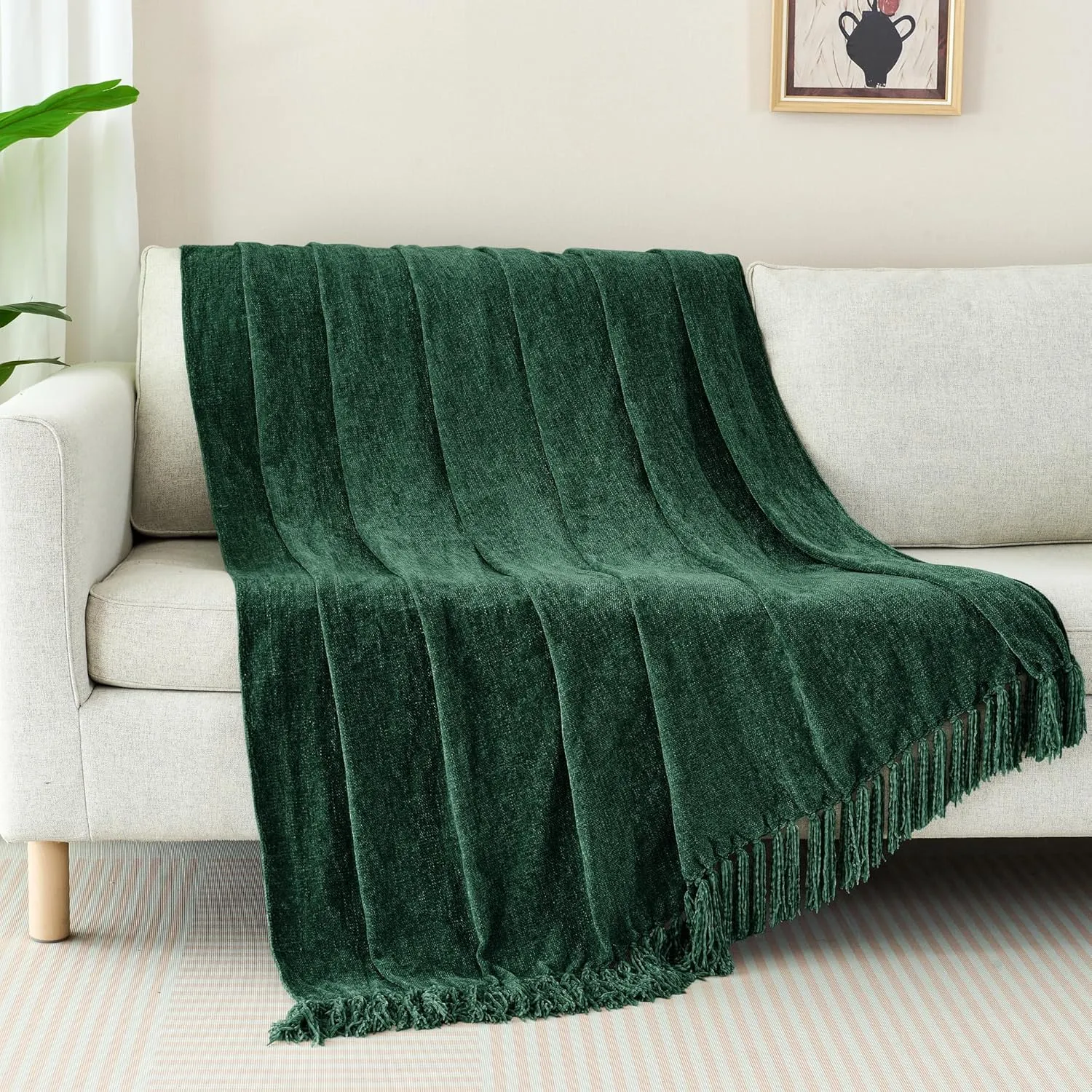 Chenille Throw Blanket for Couch with Tassels,50"X60" Soft Cozy Lightweight Knitted Boho Decorative Blankets for Bed and Sofa,Dark Green