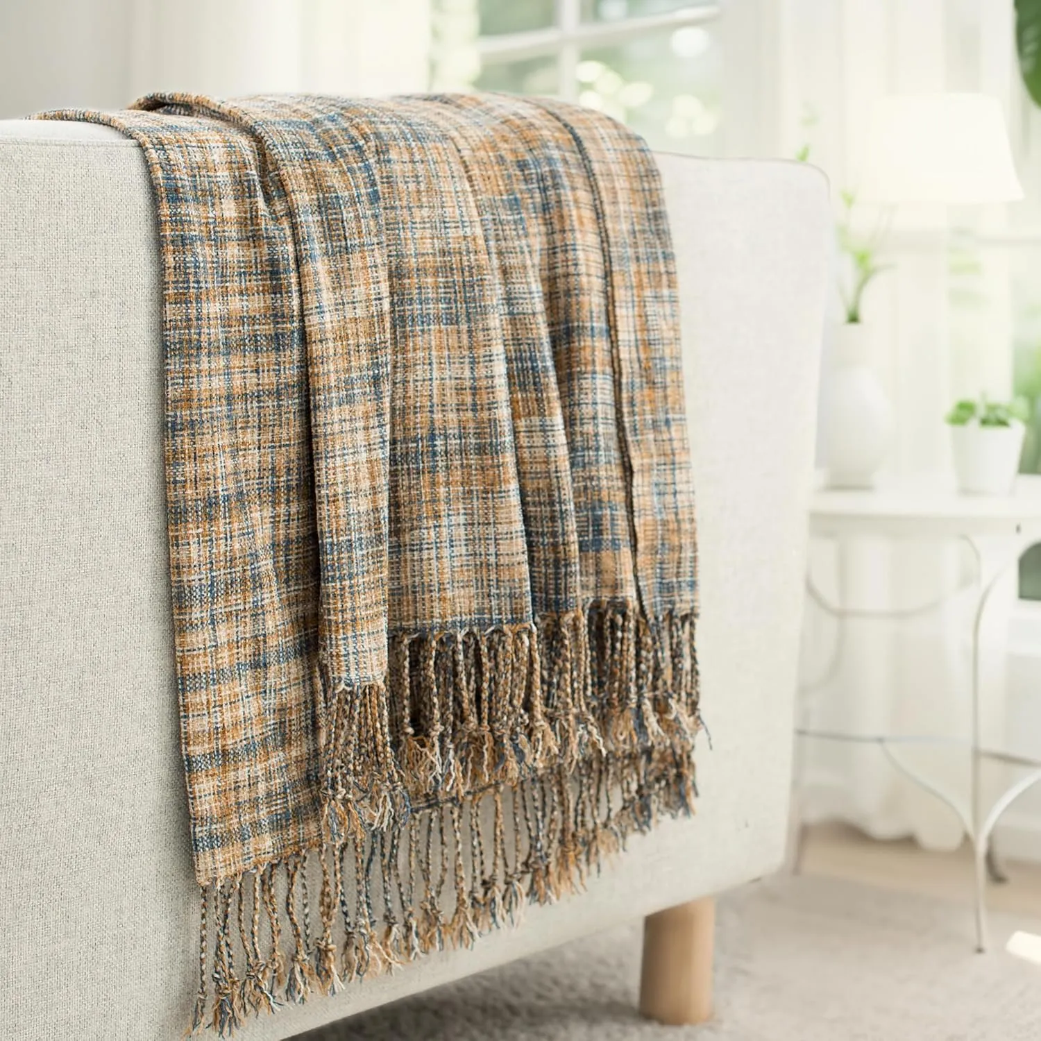 Chenille Throw Blanket for Couch with Tassels,50"X60" Soft Lightweight Knitted Boho Decorative Blankets for Bed and Sofa,Blue and Yellow