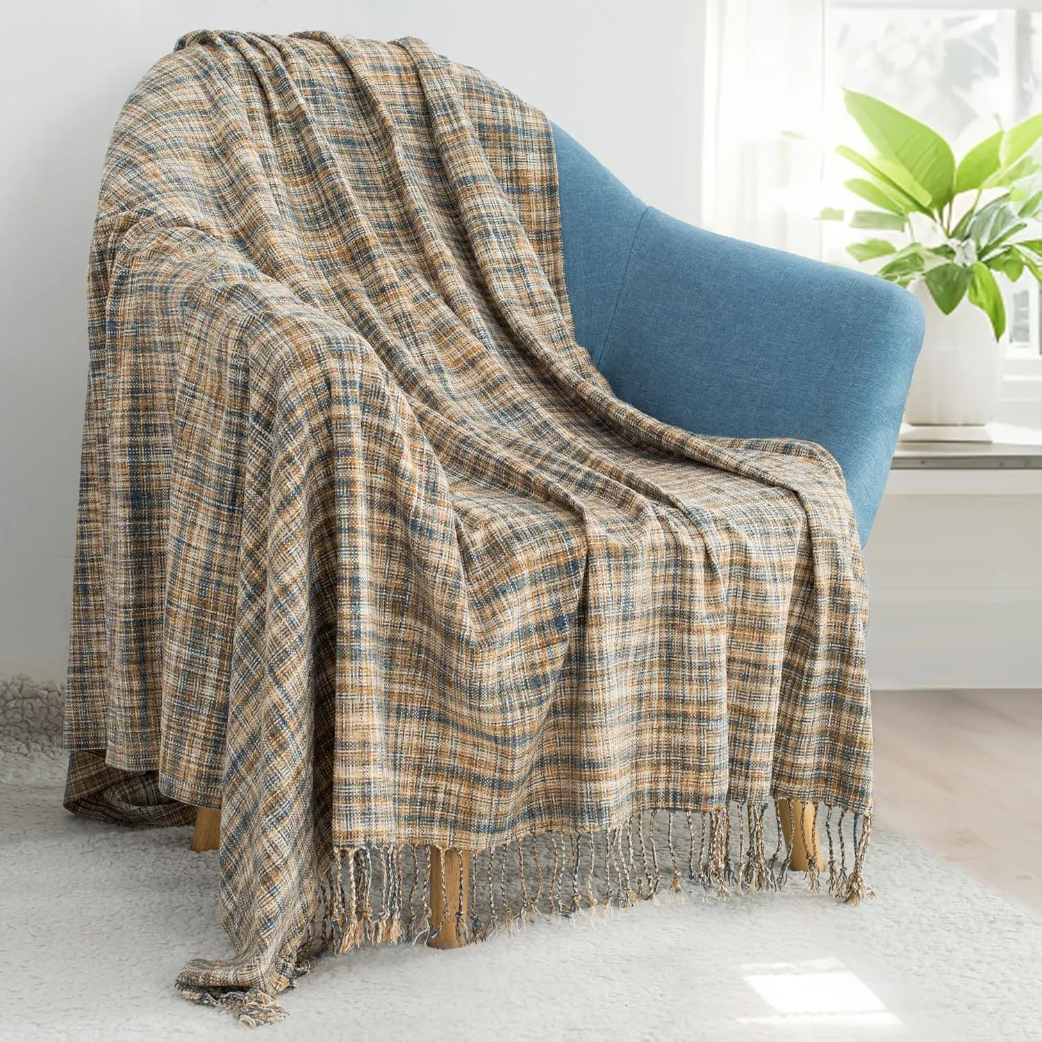 Chenille Throw Blanket for Couch with Tassels,50"X60" Soft Lightweight Knitted Boho Decorative Blankets for Bed and Sofa,Blue and Yellow