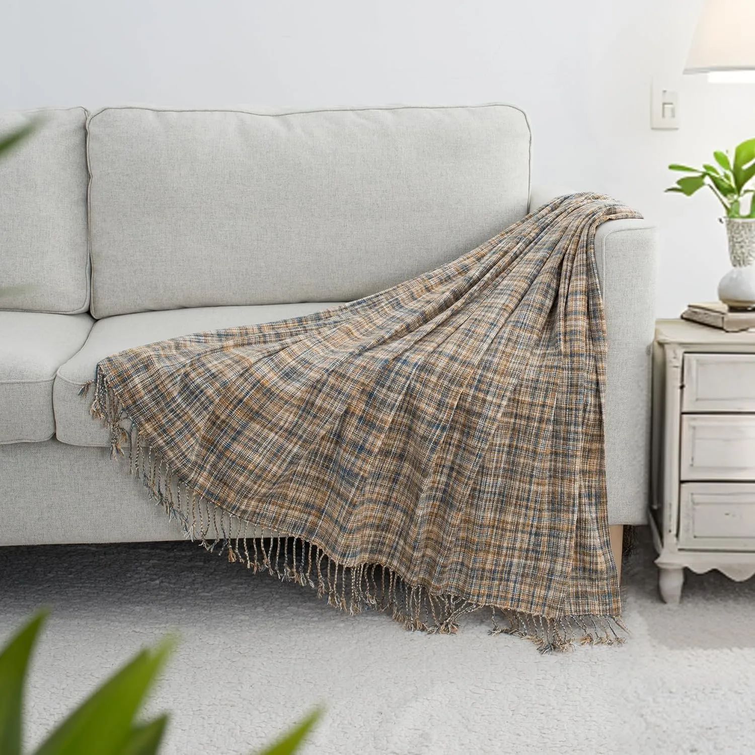 Chenille Throw Blanket for Couch with Tassels,50"X60" Soft Lightweight Knitted Boho Decorative Blankets for Bed and Sofa,Blue and Yellow
