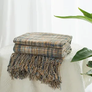 Chenille Throw Blanket for Couch with Tassels,50"X60" Soft Lightweight Knitted Boho Decorative Blankets for Bed and Sofa,Blue and Yellow