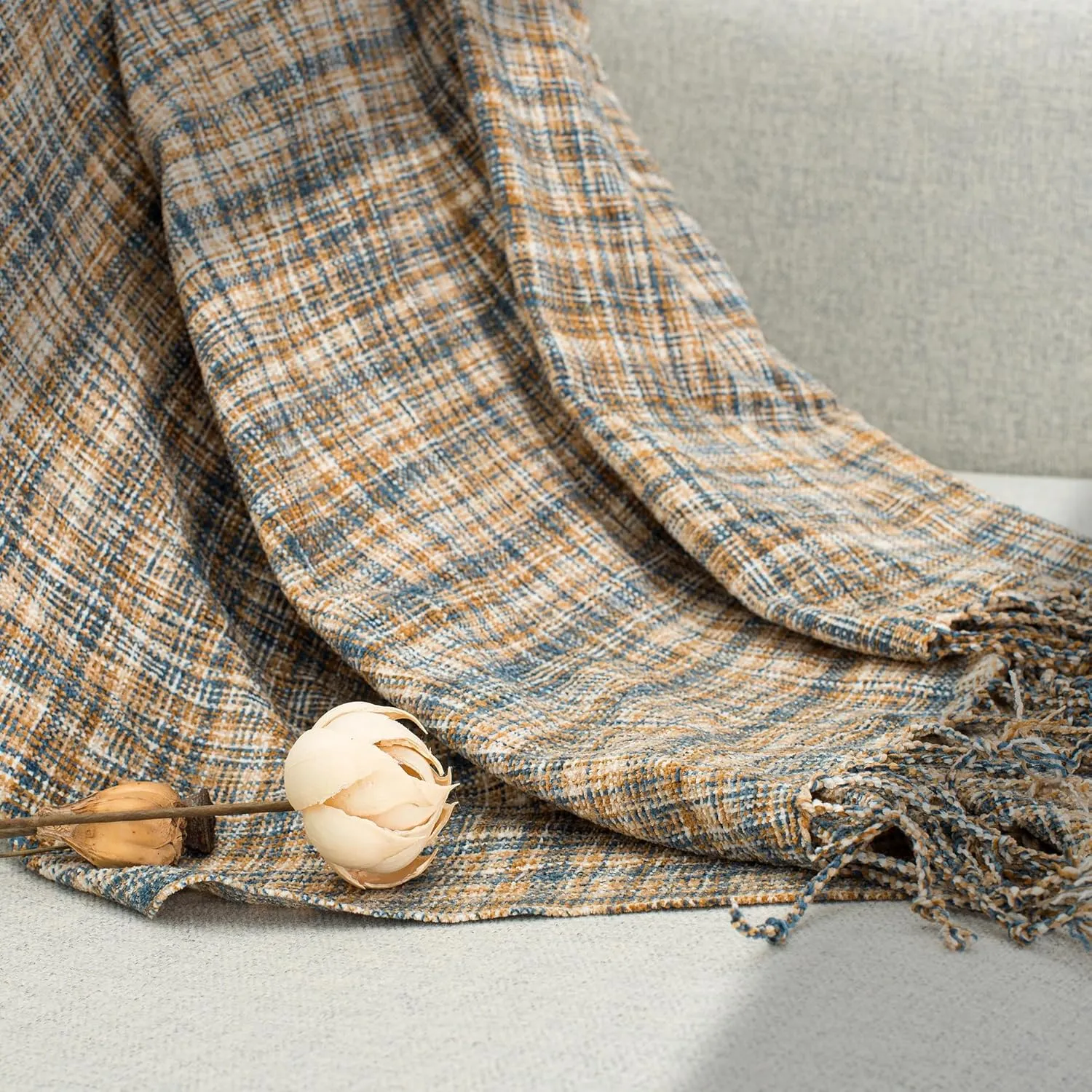 Chenille Throw Blanket for Couch with Tassels,50"X60" Soft Lightweight Knitted Boho Decorative Blankets for Bed and Sofa,Blue and Yellow