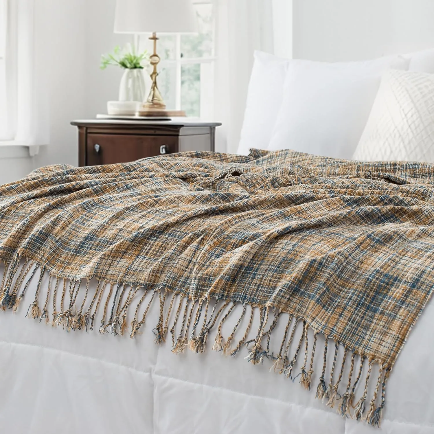 Chenille Throw Blanket for Couch with Tassels,50"X60" Soft Lightweight Knitted Boho Decorative Blankets for Bed and Sofa,Blue and Yellow