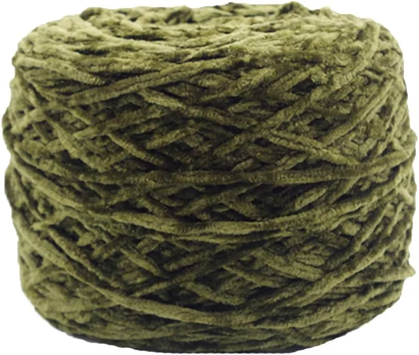 Chenille Velvet 250g Army Green Bulky Vegan Soft Yarn - Polyester Blended Cotton - Hand Knitting & Crochet for Clothing, Hat, Scarf, Blanket