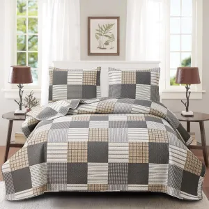 CHESITY Brown Black Plaid Bedding Sets, 3 Pcs King Size Quilt Bedspread Checked Patchwork Print Coverlets Bedcover Reversible Bed Cover Country Bedroom Decor(96"x 108")
