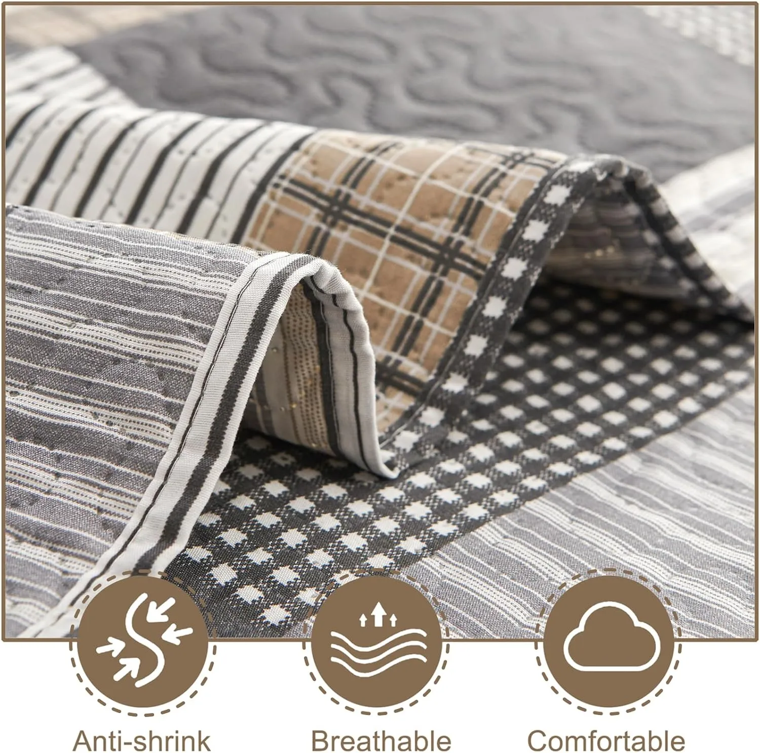 CHESITY Brown Black Plaid Bedding Sets, 3 Pcs King Size Quilt Bedspread Checked Patchwork Print Coverlets Bedcover Reversible Bed Cover Country Bedroom Decor(96"x 108")