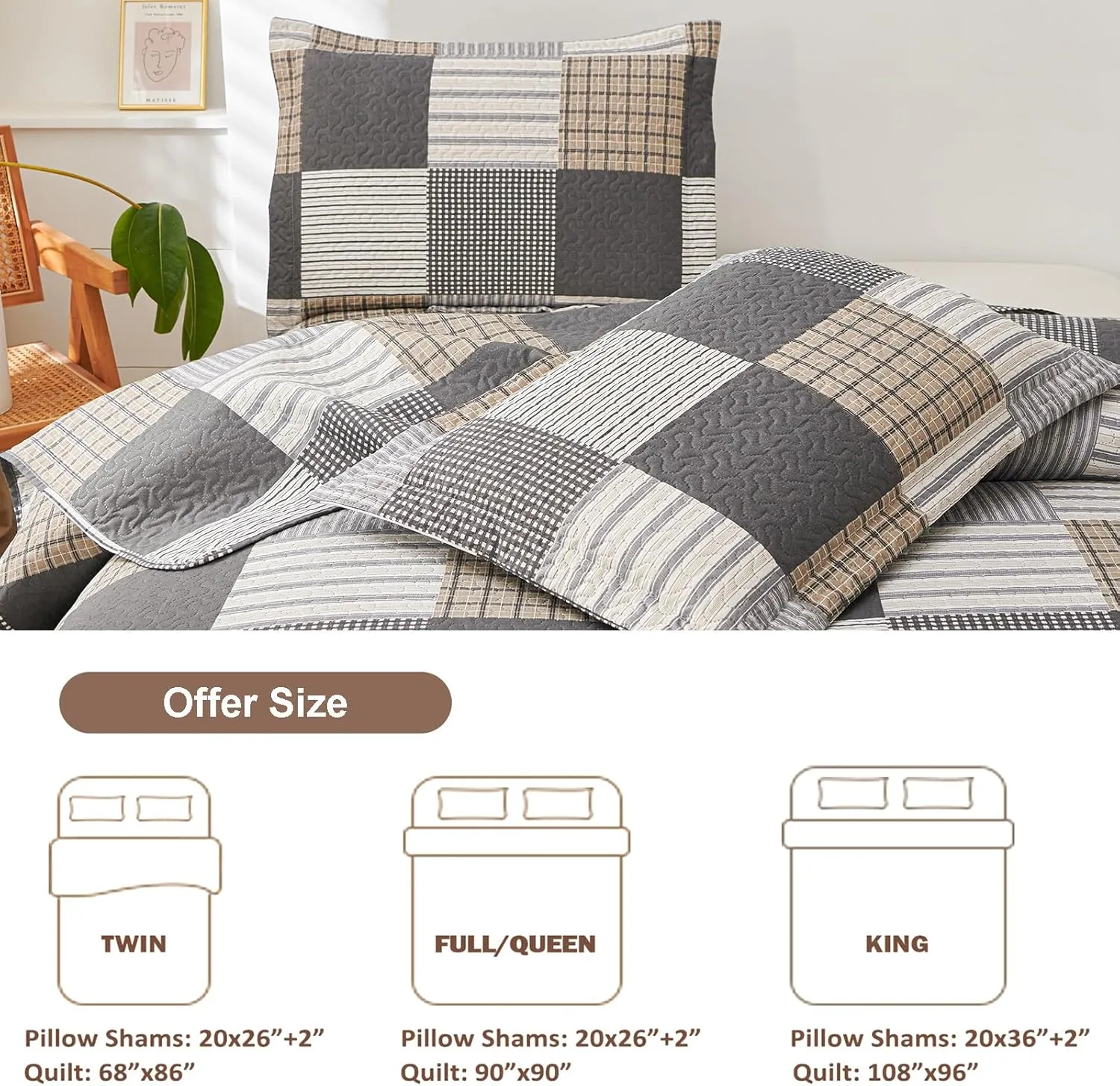 CHESITY Brown Black Plaid Bedding Sets, 3 Pcs King Size Quilt Bedspread Checked Patchwork Print Coverlets Bedcover Reversible Bed Cover Country Bedroom Decor(96"x 108")