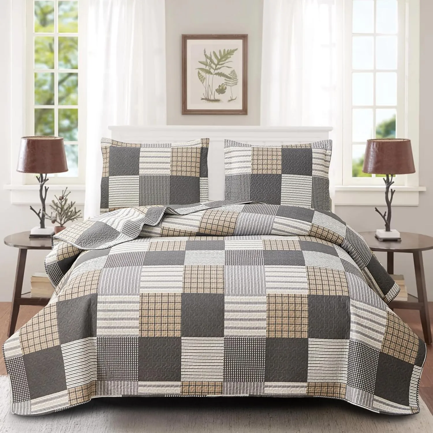 CHESITY Brown Black Plaid Bedding Sets, 3 Pcs King Size Quilt Bedspread Checked Patchwork Print Coverlets Bedcover Reversible Bed Cover Country Bedroom Decor(96"x 108")