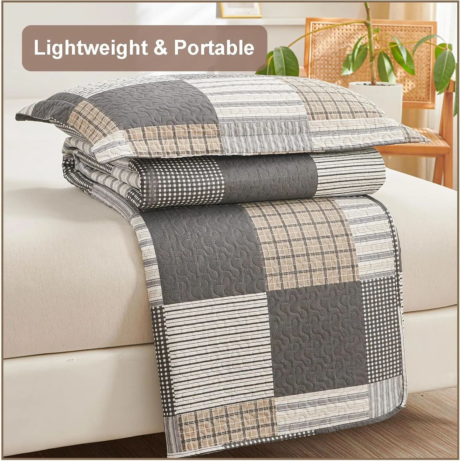 CHESITY Brown Black Plaid Bedding Sets, 3 Pcs King Size Quilt Bedspread Checked Patchwork Print Coverlets Bedcover Reversible Bed Cover Country Bedroom Decor(96"x 108")
