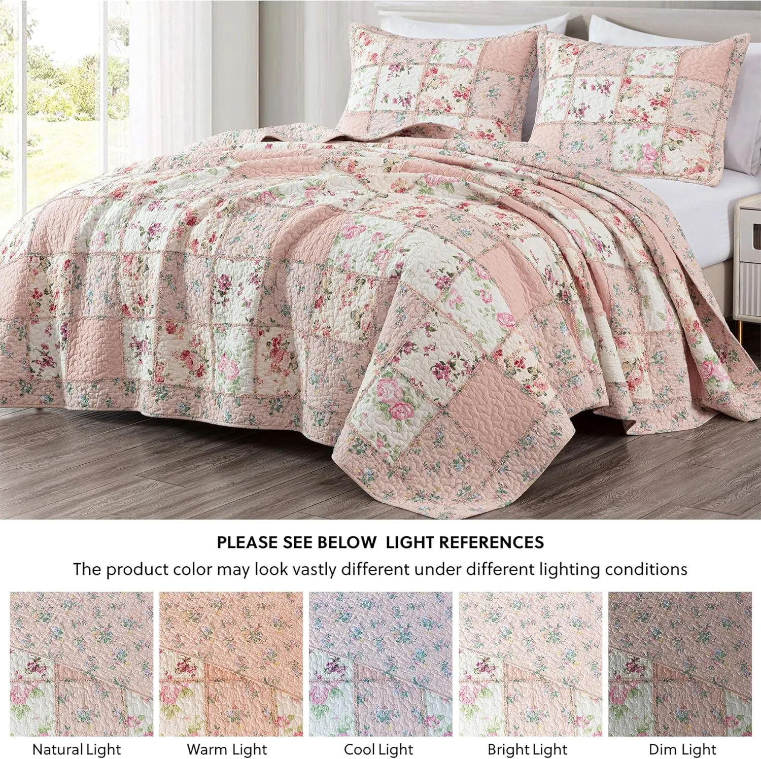 Chezmoi Collection Abbi 3-Piece Pink Shabby Chic Bedding King Quilt Set Pre-Washed Cotton Floral Coverlet Bedspread Ruffled Patchwork Quilt King Size