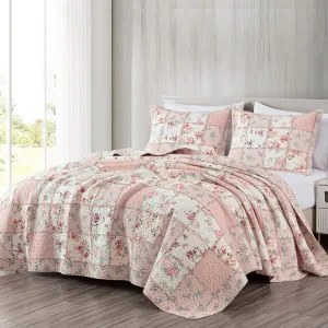 Chezmoi Collection Abbi 3-Piece Pink Shabby Chic Bedding King Quilt Set Pre-Washed Cotton Floral Coverlet Bedspread Ruffled Patchwork Quilt King Size