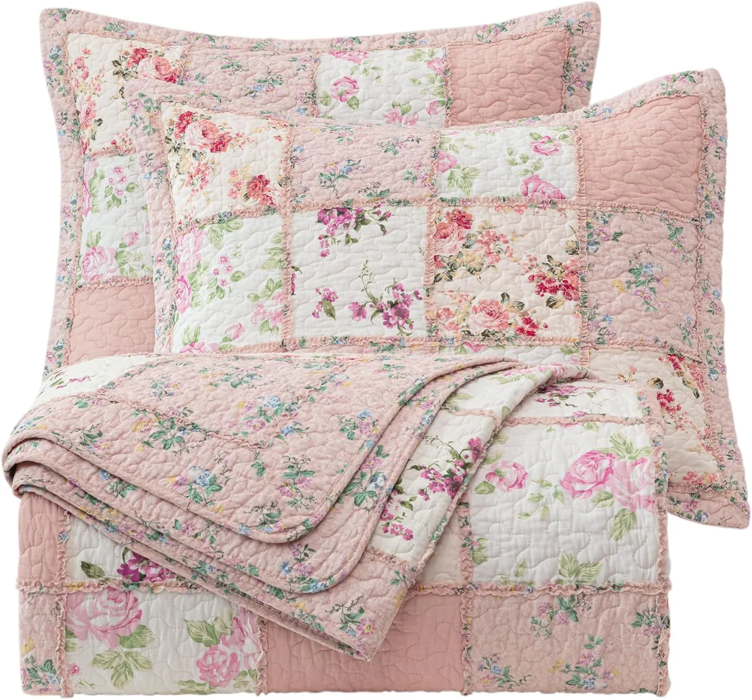 Chezmoi Collection Abbi 3-Piece Pink Shabby Chic Bedding King Quilt Set Pre-Washed Cotton Floral Coverlet Bedspread Ruffled Patchwork Quilt King Size