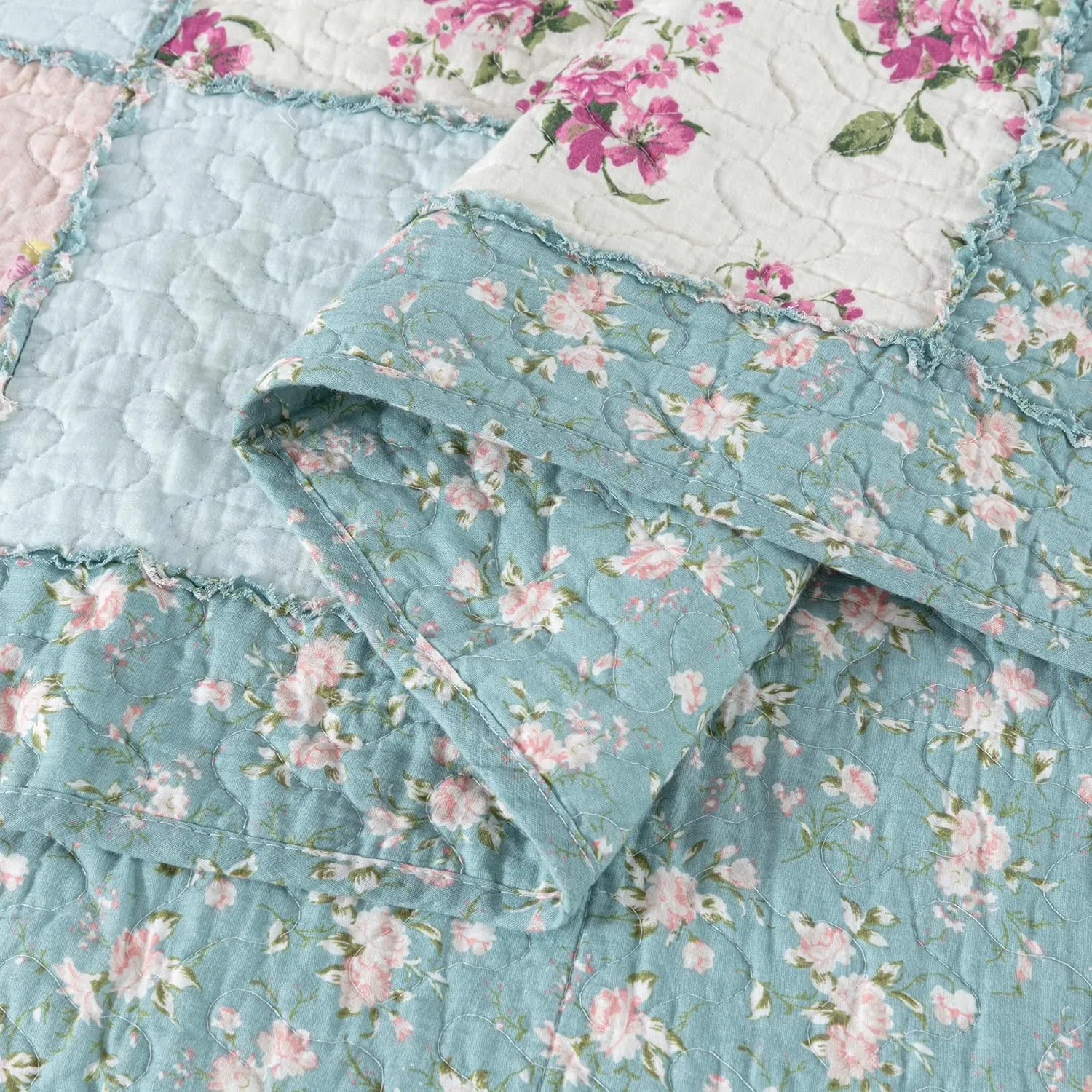 Chezmoi Collection Abbi 3-Piece Shabby Chic Bedding King Quilt Set Pre-Washed Cotton Floral Coverlet Bedspread Ruffled Patchwork Quilt King Size