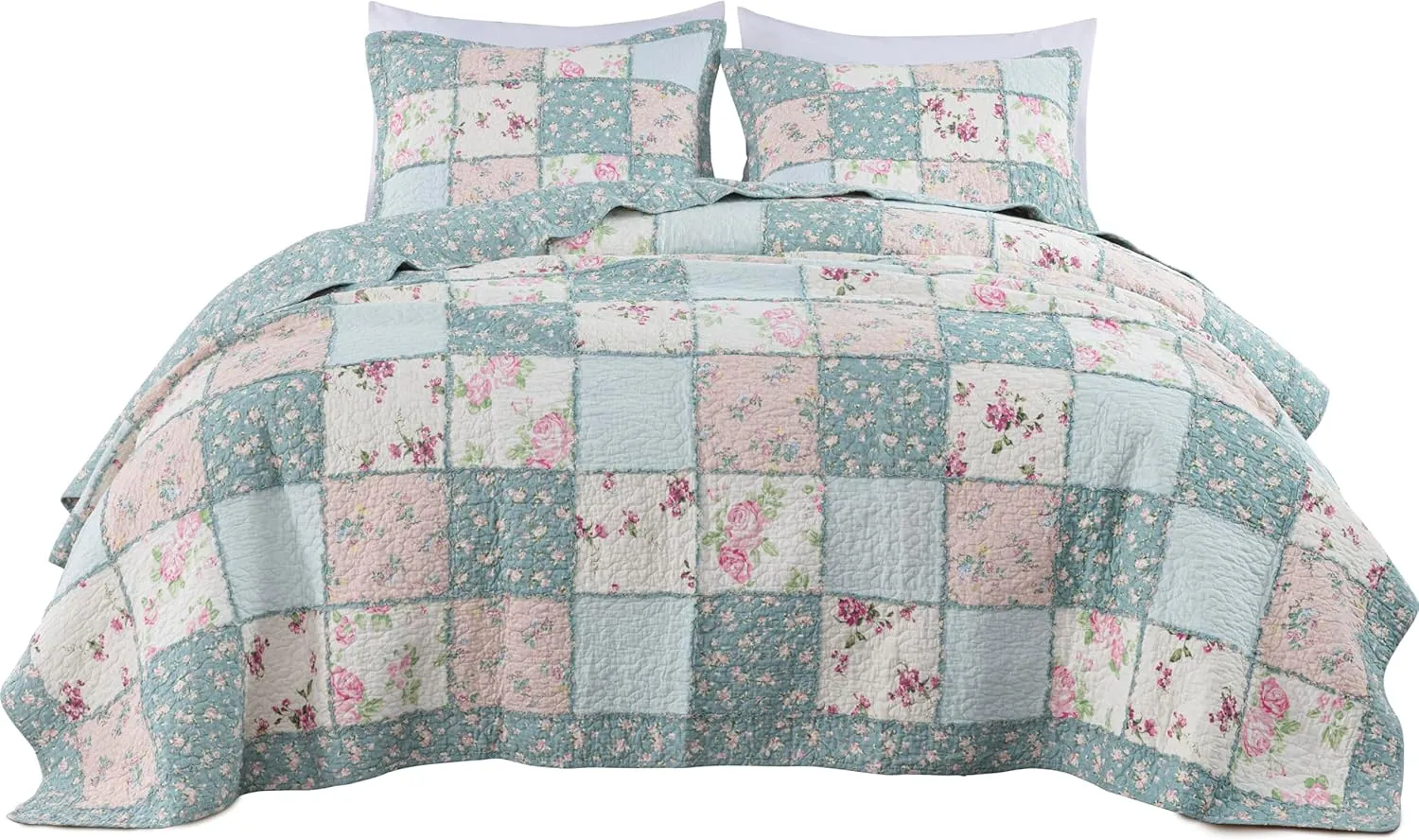 Chezmoi Collection Abbi 3-Piece Shabby Chic Bedding King Quilt Set Pre-Washed Cotton Floral Coverlet Bedspread Ruffled Patchwork Quilt King Size