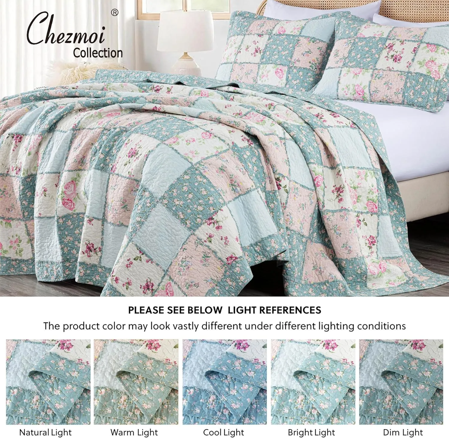 Chezmoi Collection Abbi 3-Piece Shabby Chic Bedding King Quilt Set Pre-Washed Cotton Floral Coverlet Bedspread Ruffled Patchwork Quilt King Size