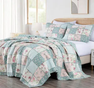Chezmoi Collection Abbi 3-Piece Shabby Chic Bedding King Quilt Set Pre-Washed Cotton Floral Coverlet Bedspread Ruffled Patchwork Quilt King Size