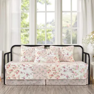 Chezmoi Collection Abbi 5-Piece Pink Shabby Chic Bedding Floral Daybed Set, Pre-Washed Cotton Patchwork Daybed Cover