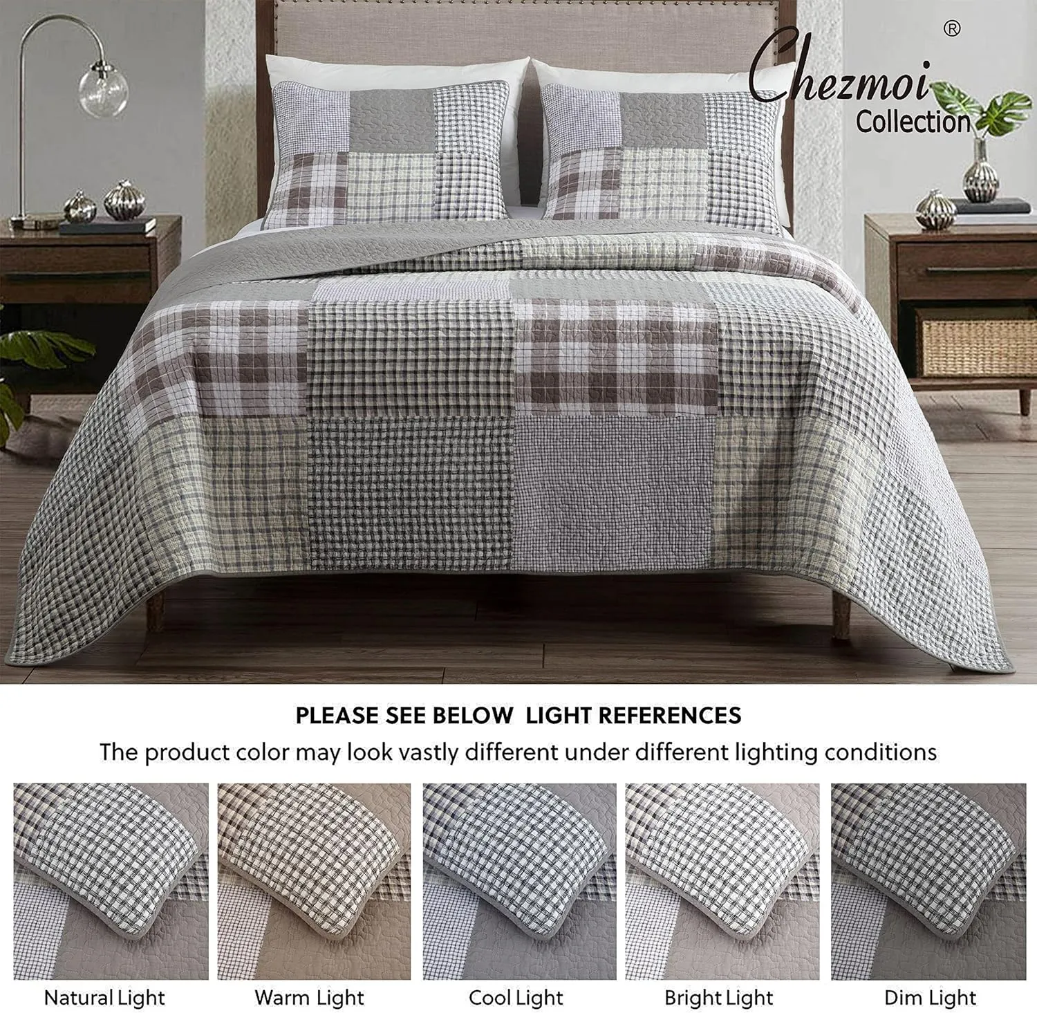 Chezmoi Collection Adrian 3-Piece Plaid Windowpane Checkered Patchwork Quilt Set - Soft Lightweight 100% Washed Cotton Bedspread for All Season, Queen Size