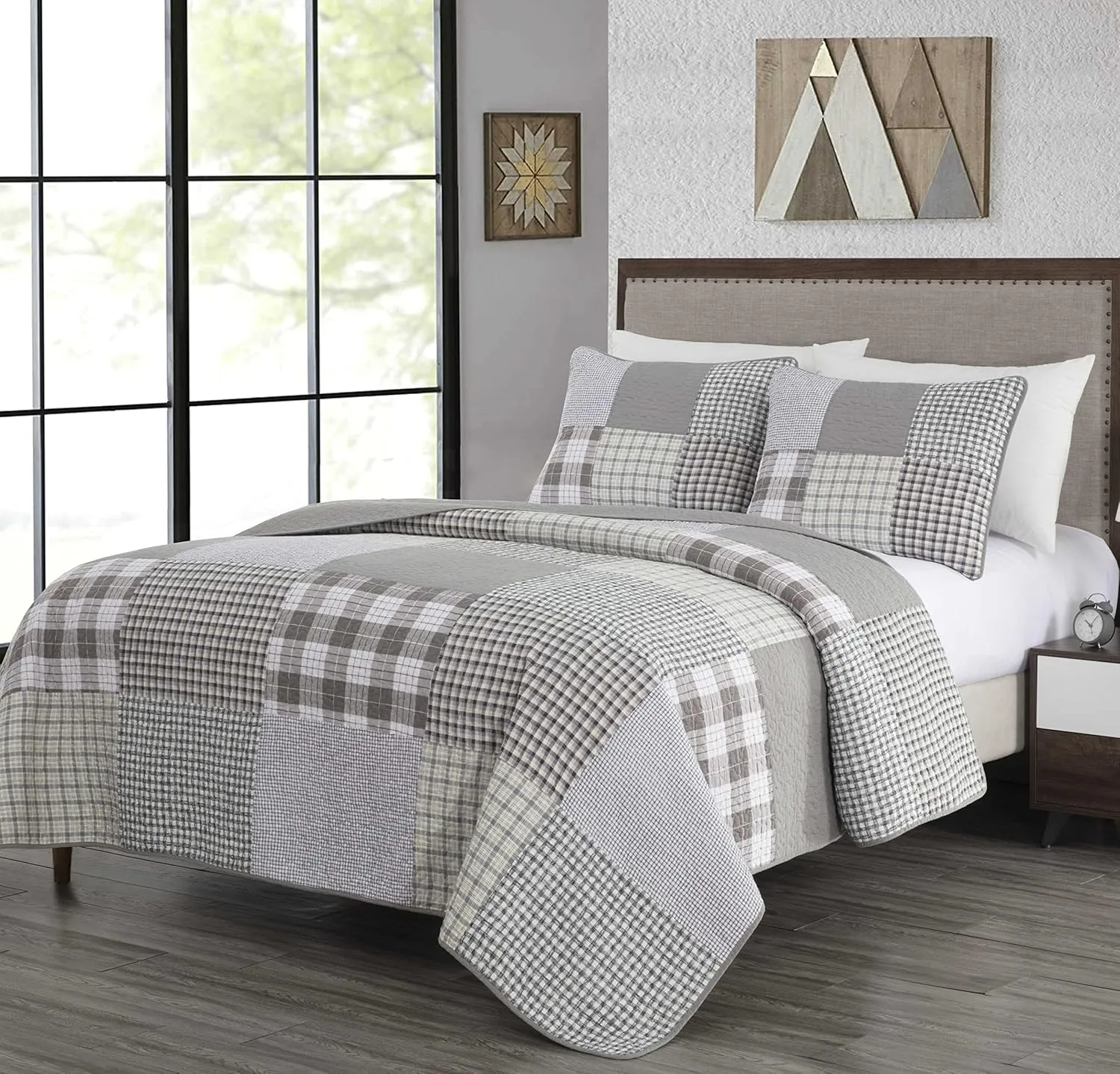 Chezmoi Collection Adrian 3-Piece Plaid Windowpane Checkered Patchwork Quilt Set - Soft Lightweight 100% Washed Cotton Bedspread for All Season, Queen Size