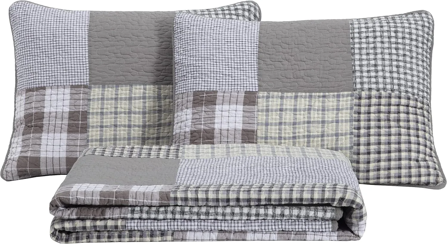 Chezmoi Collection Adrian 3-Piece Plaid Windowpane Checkered Patchwork Quilt Set - Soft Lightweight 100% Washed Cotton Bedspread for All Season, Queen Size