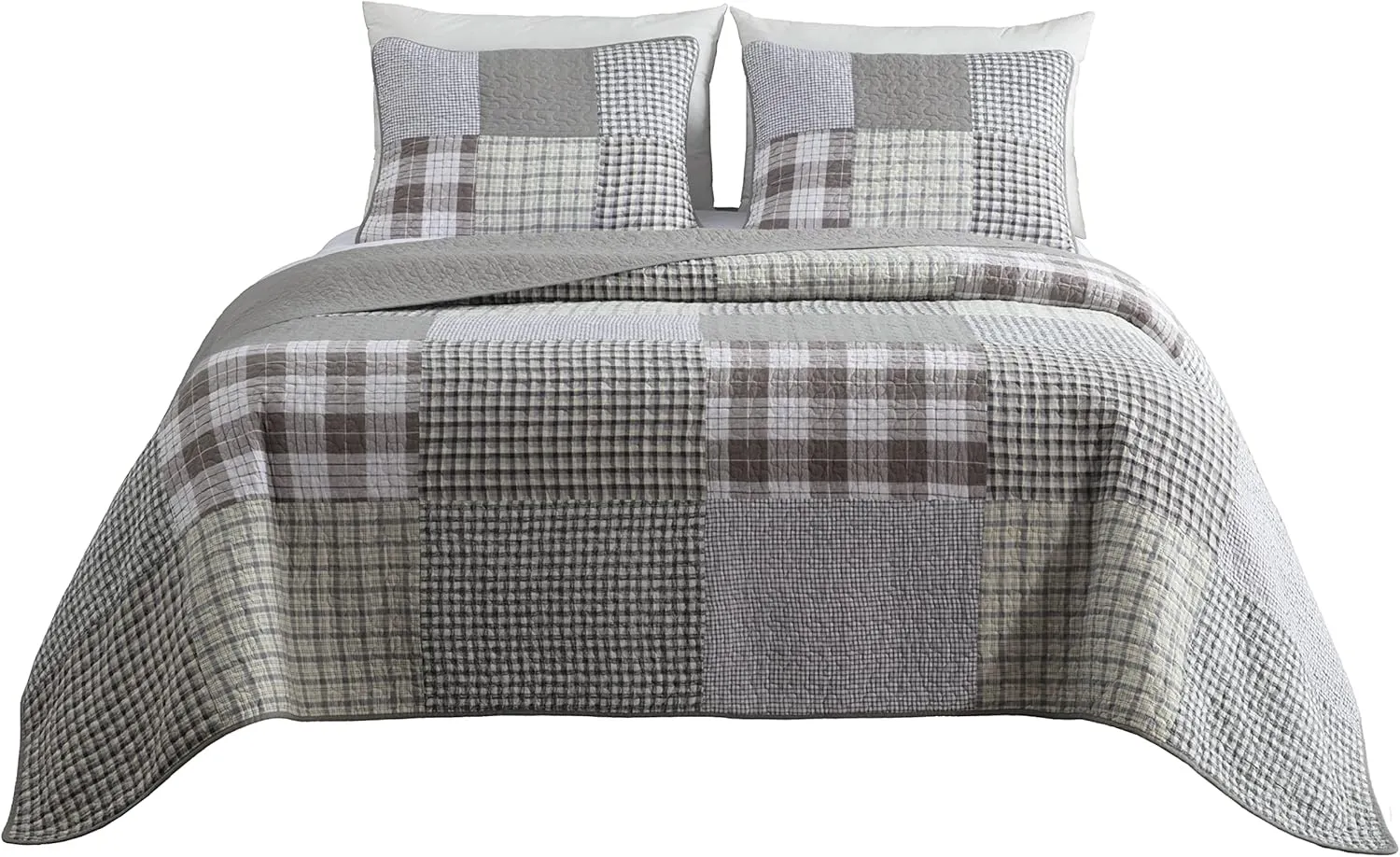 Chezmoi Collection Adrian 3-Piece Plaid Windowpane Checkered Patchwork Quilt Set - Soft Lightweight 100% Washed Cotton Bedspread for All Season, Queen Size