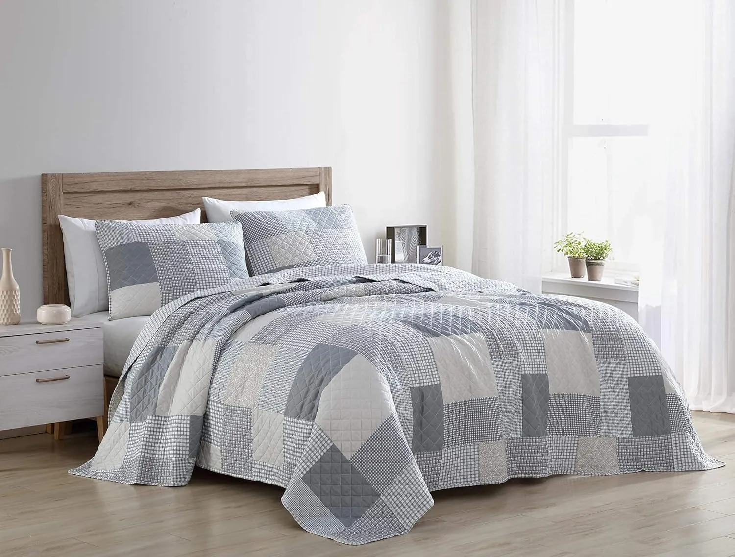 Chezmoi Collection Anderson 3-Piece Printed Patchwork Quilt Set - Plaid Checkered Stripe Coverlet - Pre-Washed Microfiber Lightweight Reversible Bedspread, Queen Size