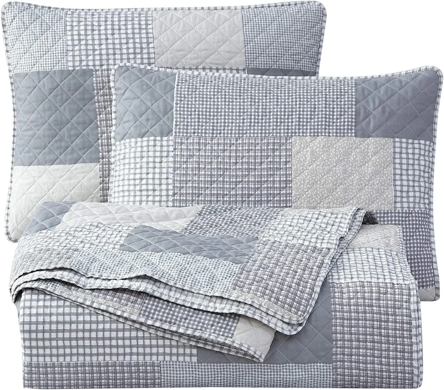 Chezmoi Collection Anderson 3-Piece Printed Patchwork Quilt Set - Plaid Checkered Stripe Coverlet - Pre-Washed Microfiber Lightweight Reversible Bedspread, Queen Size