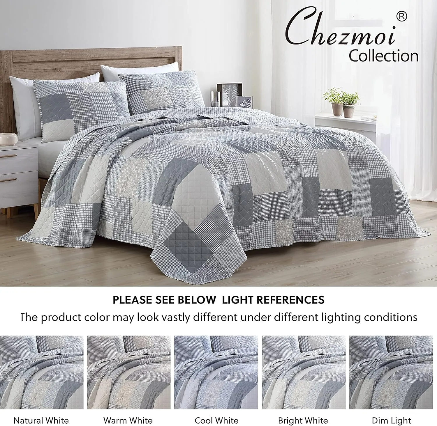 Chezmoi Collection Anderson 3-Piece Printed Patchwork Quilt Set - Plaid Checkered Stripe Coverlet - Pre-Washed Microfiber Lightweight Reversible Bedspread, Queen Size