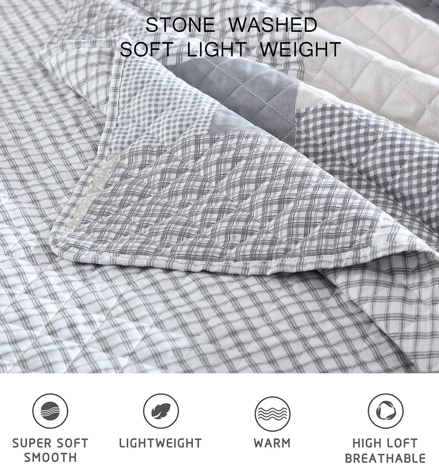 Chezmoi Collection Anderson 3-Piece Printed Patchwork Quilt Set - Plaid Checkered Stripe Coverlet - Pre-Washed Microfiber Lightweight Reversible Bedspread, Queen Size