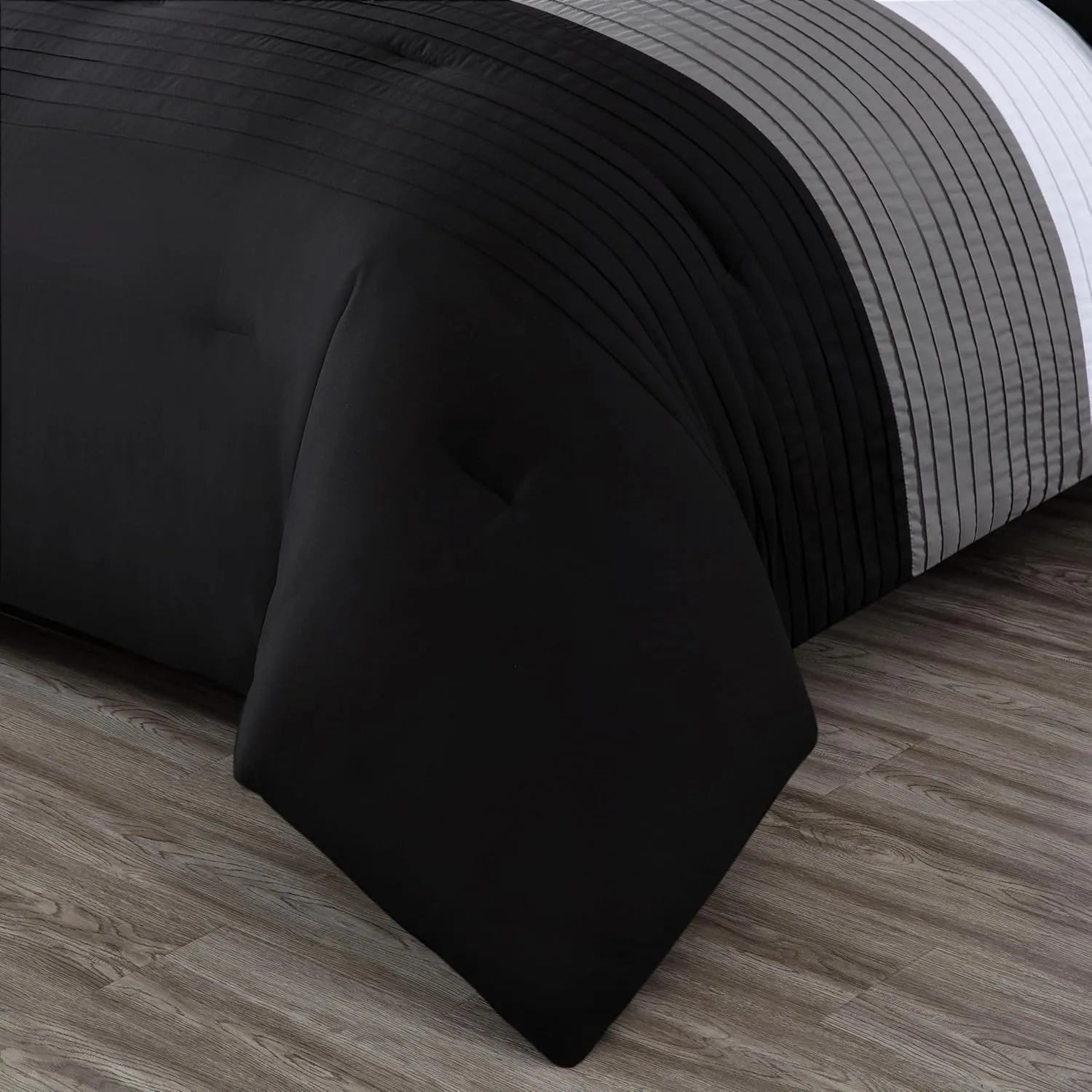 Chezmoi Collection Briar 7-Piece Full Bed in a Bag - All Season Lightweight Microfiber Comforter Set - Includes Sheets & Shams - Black/Gray/White Pleated Stripe Design