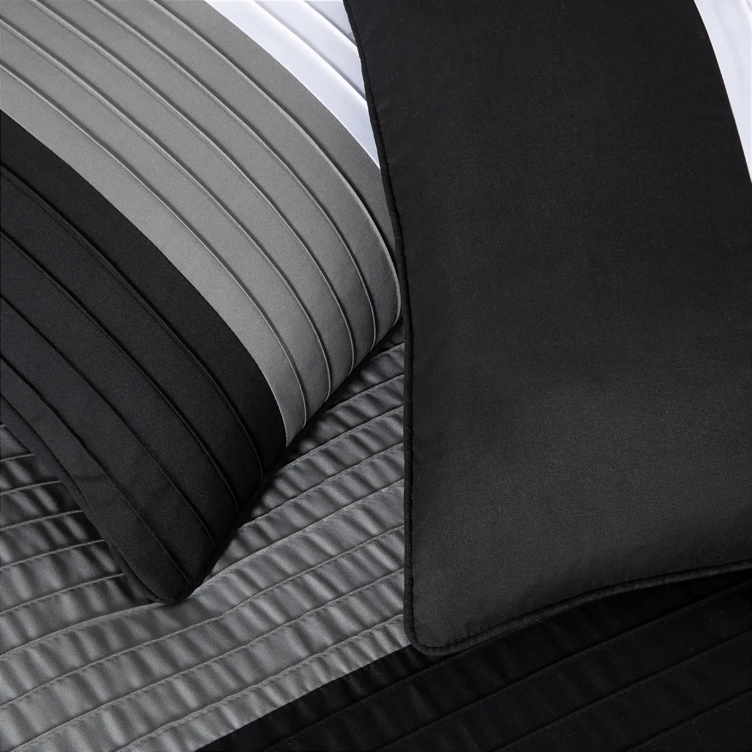 Chezmoi Collection Briar 7-Piece Full Bed in a Bag - All Season Lightweight Microfiber Comforter Set - Includes Sheets & Shams - Black/Gray/White Pleated Stripe Design