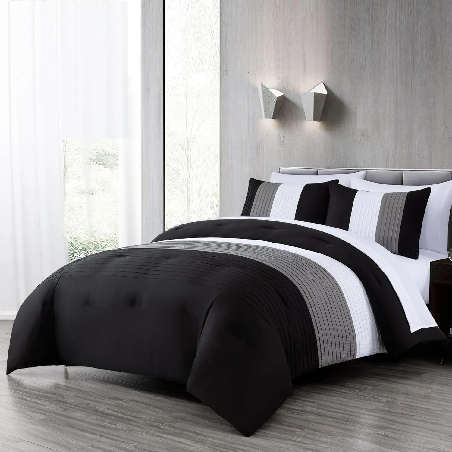 Chezmoi Collection Briar 7-Piece Full Bed in a Bag - All Season Lightweight Microfiber Comforter Set - Includes Sheets & Shams - Black/Gray/White Pleated Stripe Design