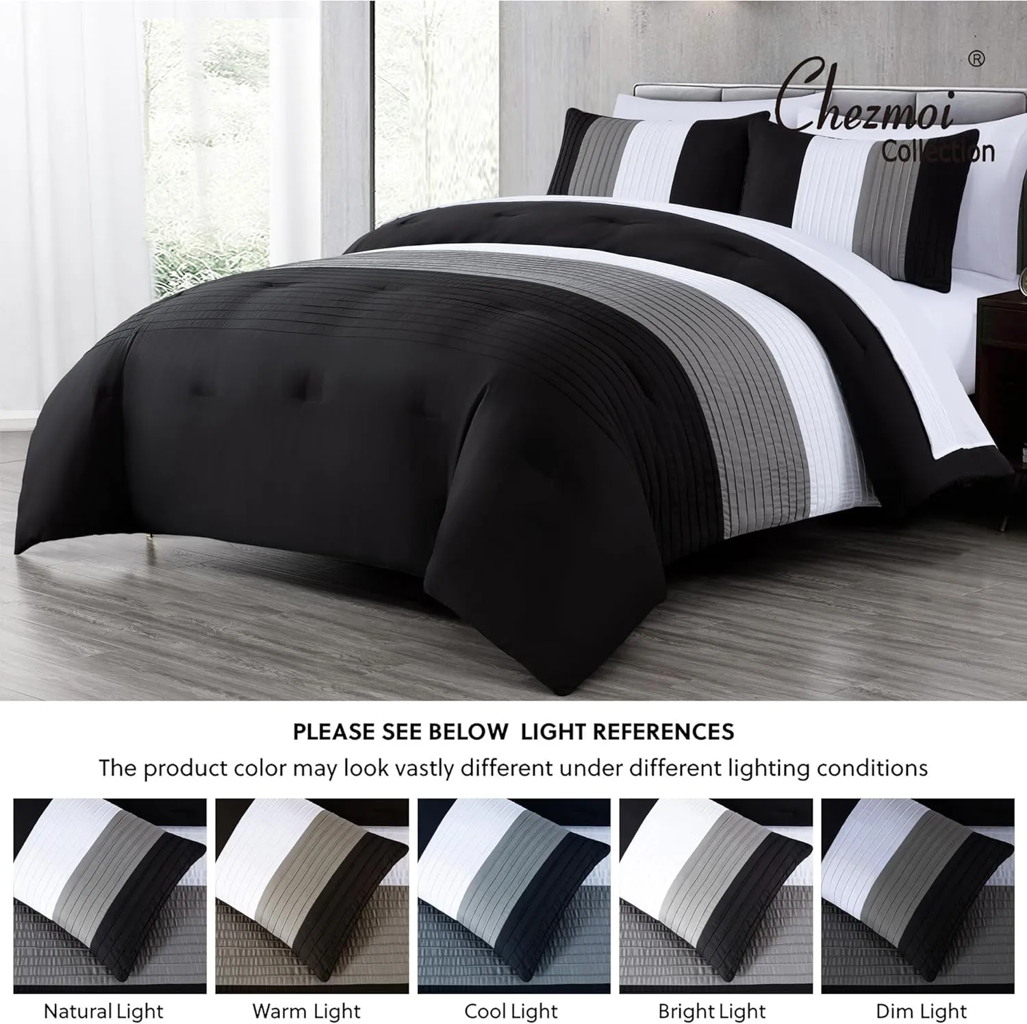 Chezmoi Collection Briar 7-Piece Full Bed in a Bag - All Season Lightweight Microfiber Comforter Set - Includes Sheets & Shams - Black/Gray/White Pleated Stripe Design