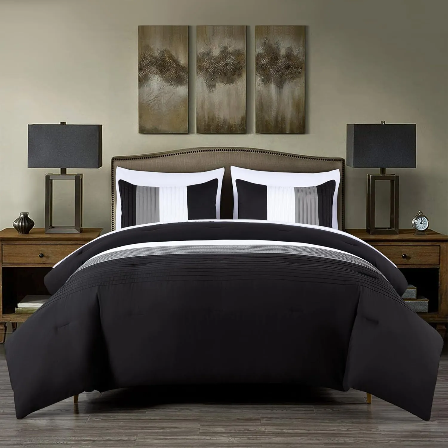 Chezmoi Collection Briar 7-Piece Full Bed in a Bag - All Season Lightweight Microfiber Comforter Set - Includes Sheets & Shams - Black/Gray/White Pleated Stripe Design