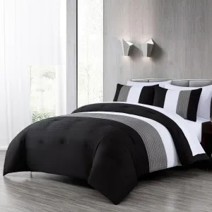 Chezmoi Collection Briar 7-Piece Full Bed in a Bag - All Season Lightweight Microfiber Comforter Set - Includes Sheets & Shams - Black/Gray/White Pleated Stripe Design