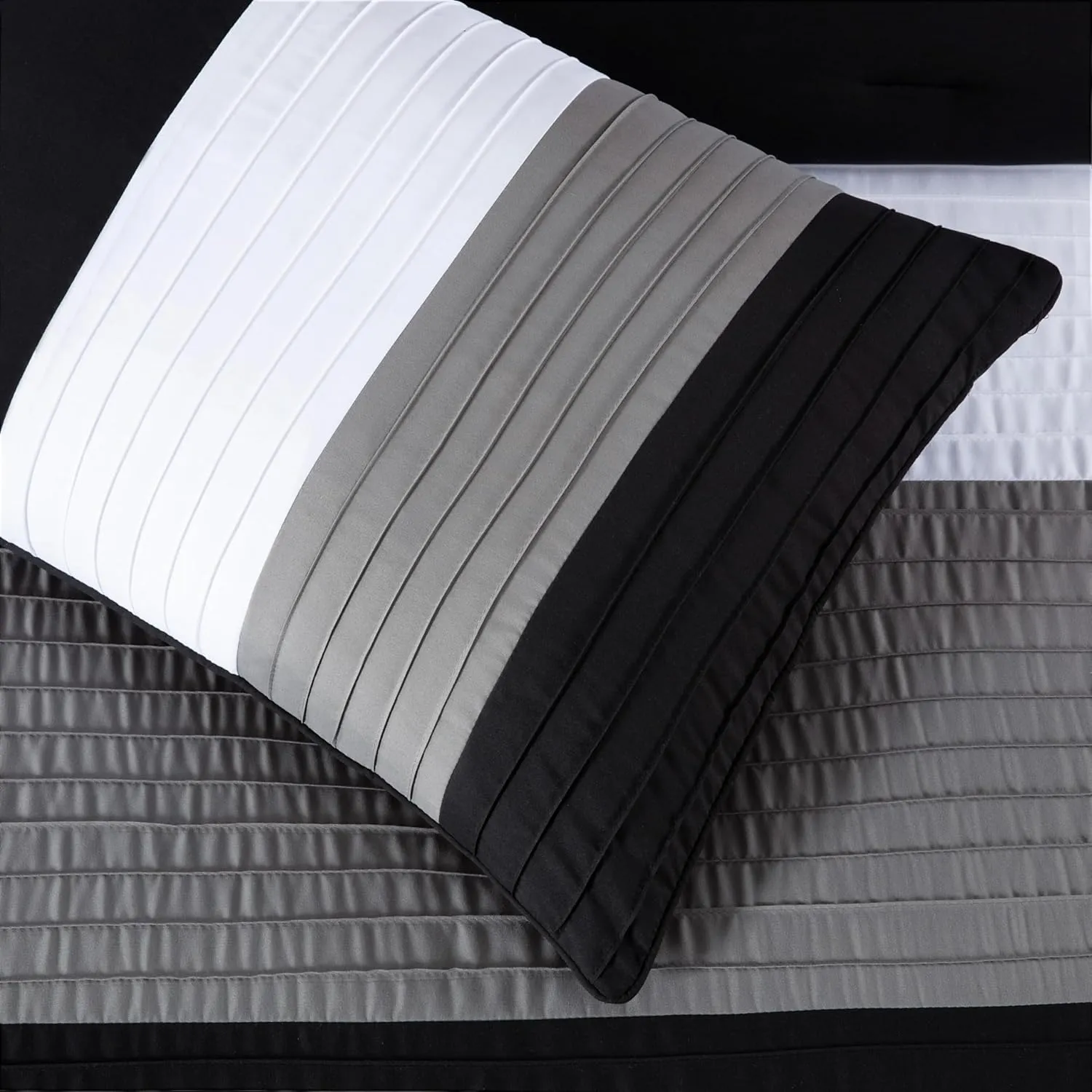 Chezmoi Collection Briar 7-Piece Full Bed in a Bag - All Season Lightweight Microfiber Comforter Set - Includes Sheets & Shams - Black/Gray/White Pleated Stripe Design