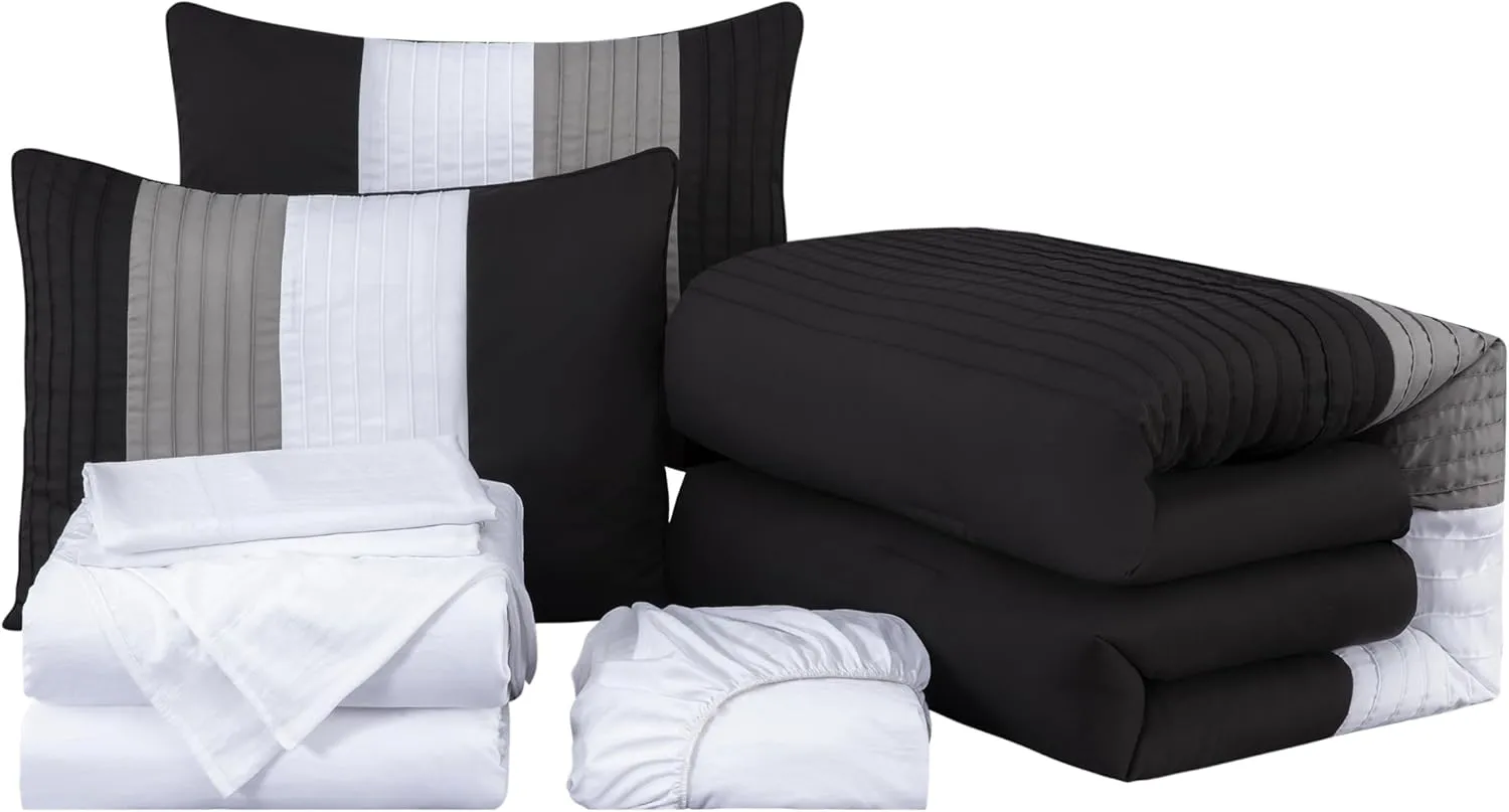 Chezmoi Collection Briar 7-Piece Full Bed in a Bag - All Season Lightweight Microfiber Comforter Set - Includes Sheets & Shams - Black/Gray/White Pleated Stripe Design