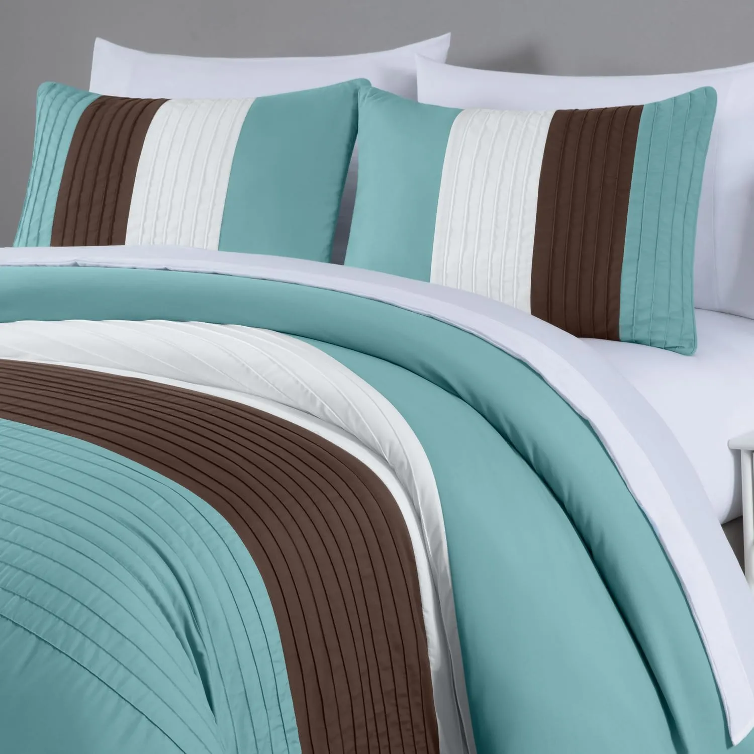 Chezmoi Collection Briar 7-Piece Queen Bed in a Bag - All Season Lightweight Microfiber Comforter Set - Includes Sheets & Shams - Blue/Brown/Beige Pleated Stripe Design