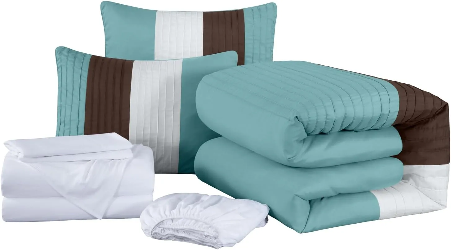 Chezmoi Collection Briar 7-Piece Queen Bed in a Bag - All Season Lightweight Microfiber Comforter Set - Includes Sheets & Shams - Blue/Brown/Beige Pleated Stripe Design
