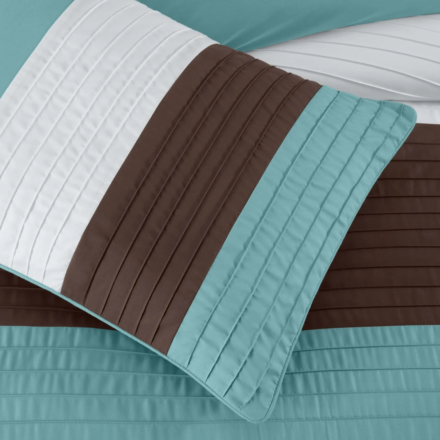 Chezmoi Collection Briar 7-Piece Queen Bed in a Bag - All Season Lightweight Microfiber Comforter Set - Includes Sheets & Shams - Blue/Brown/Beige Pleated Stripe Design