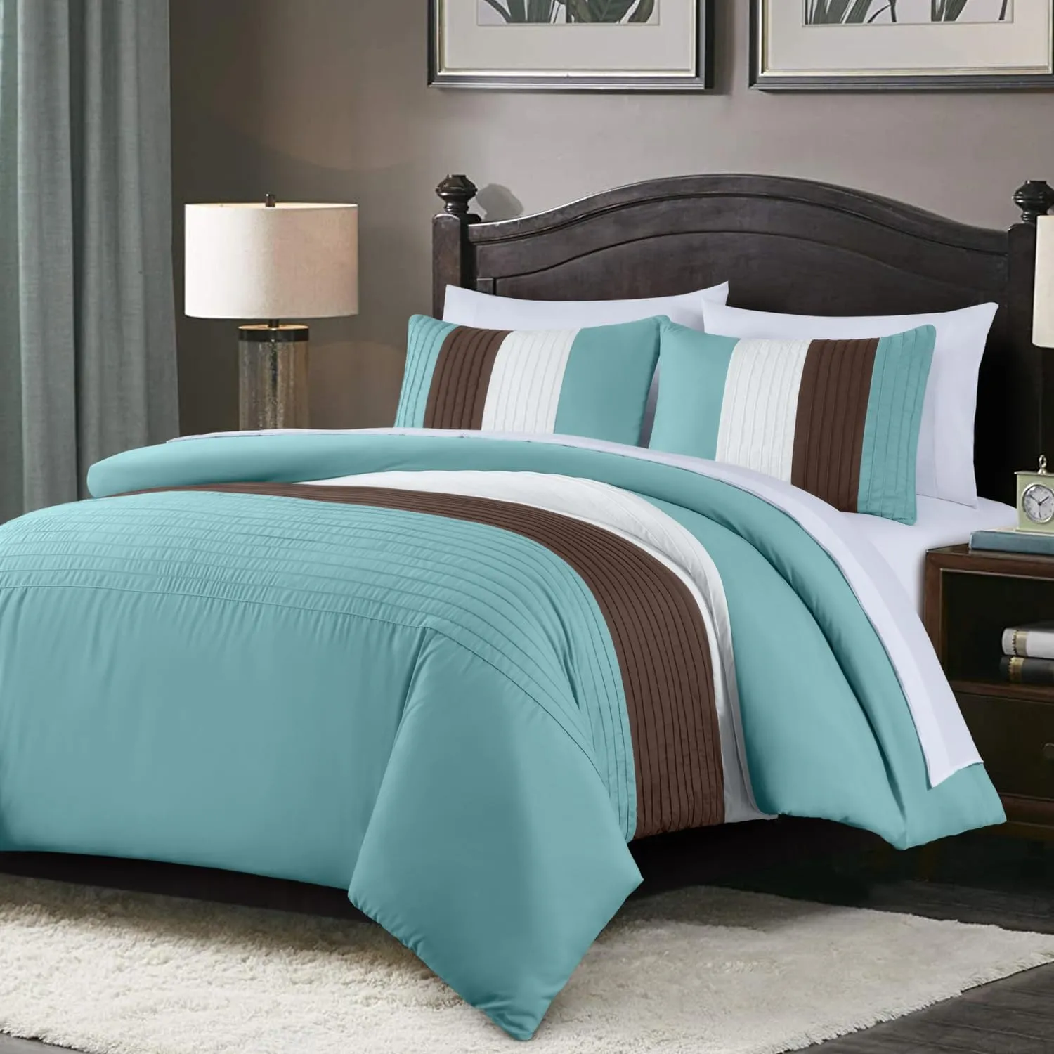 Chezmoi Collection Briar 7-Piece Queen Bed in a Bag - All Season Lightweight Microfiber Comforter Set - Includes Sheets & Shams - Blue/Brown/Beige Pleated Stripe Design