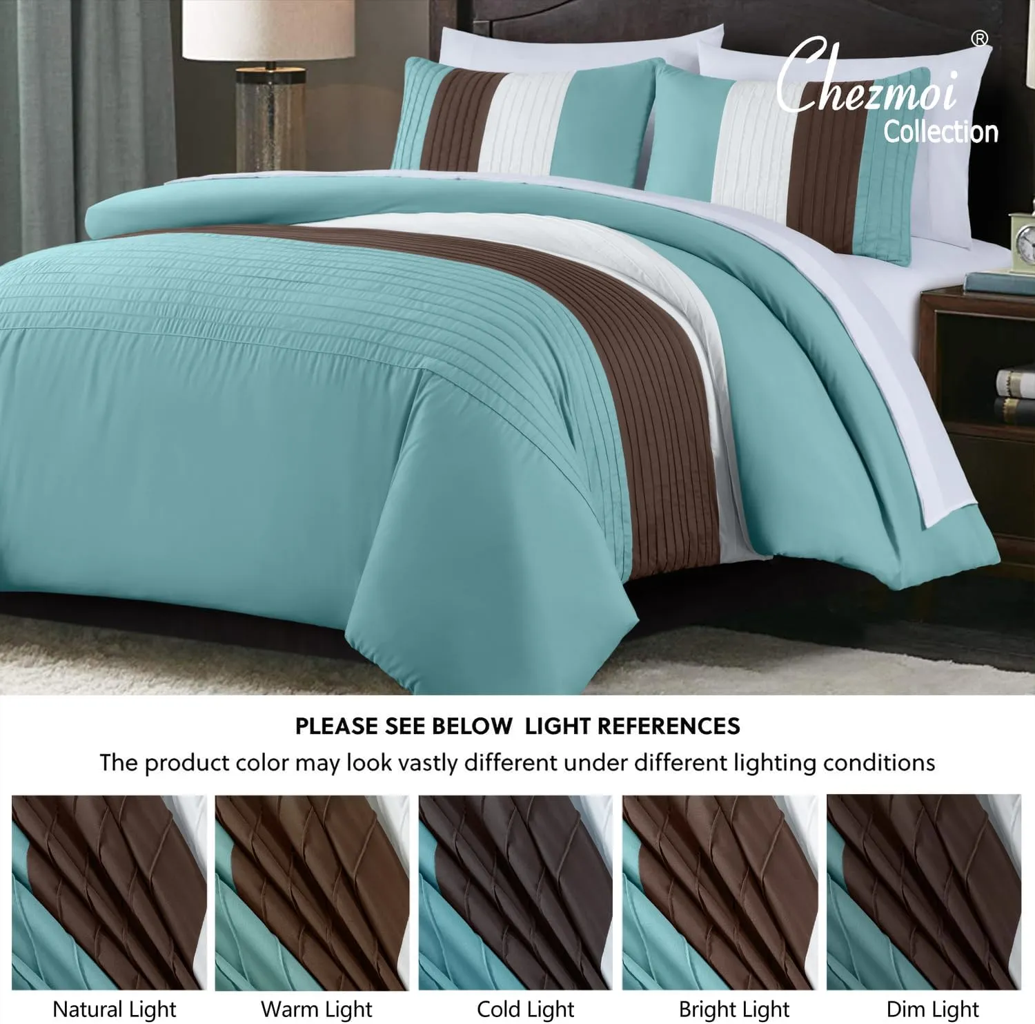 Chezmoi Collection Briar 7-Piece Queen Bed in a Bag - All Season Lightweight Microfiber Comforter Set - Includes Sheets & Shams - Blue/Brown/Beige Pleated Stripe Design