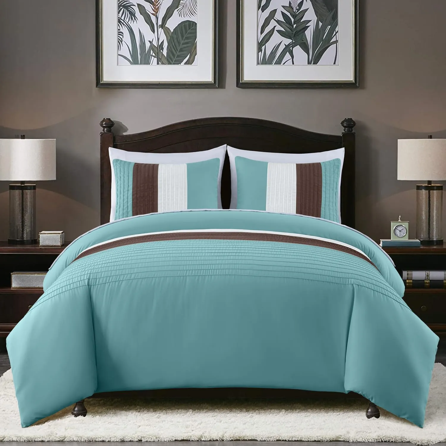 Chezmoi Collection Briar 7-Piece Queen Bed in a Bag - All Season Lightweight Microfiber Comforter Set - Includes Sheets & Shams - Blue/Brown/Beige Pleated Stripe Design