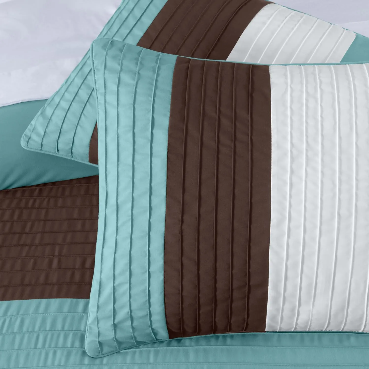 Chezmoi Collection Briar 7-Piece Queen Bed in a Bag - All Season Lightweight Microfiber Comforter Set - Includes Sheets & Shams - Blue/Brown/Beige Pleated Stripe Design