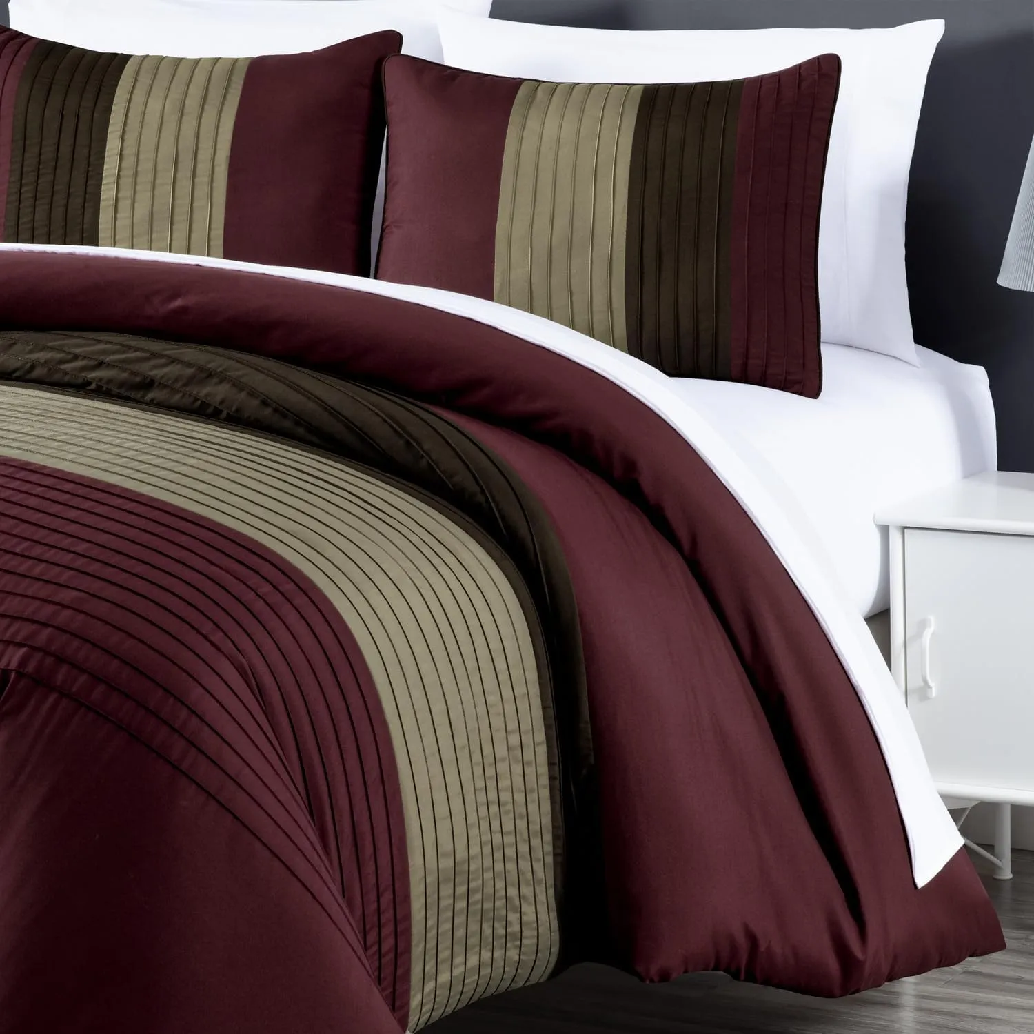 Chezmoi Collection Briar 7-Piece Queen Bed in a Bag - All Season Lightweight Microfiber Comforter Set - Includes Sheets & Shams - Burgundy/Coffee/Brown Pleated Stripe Design