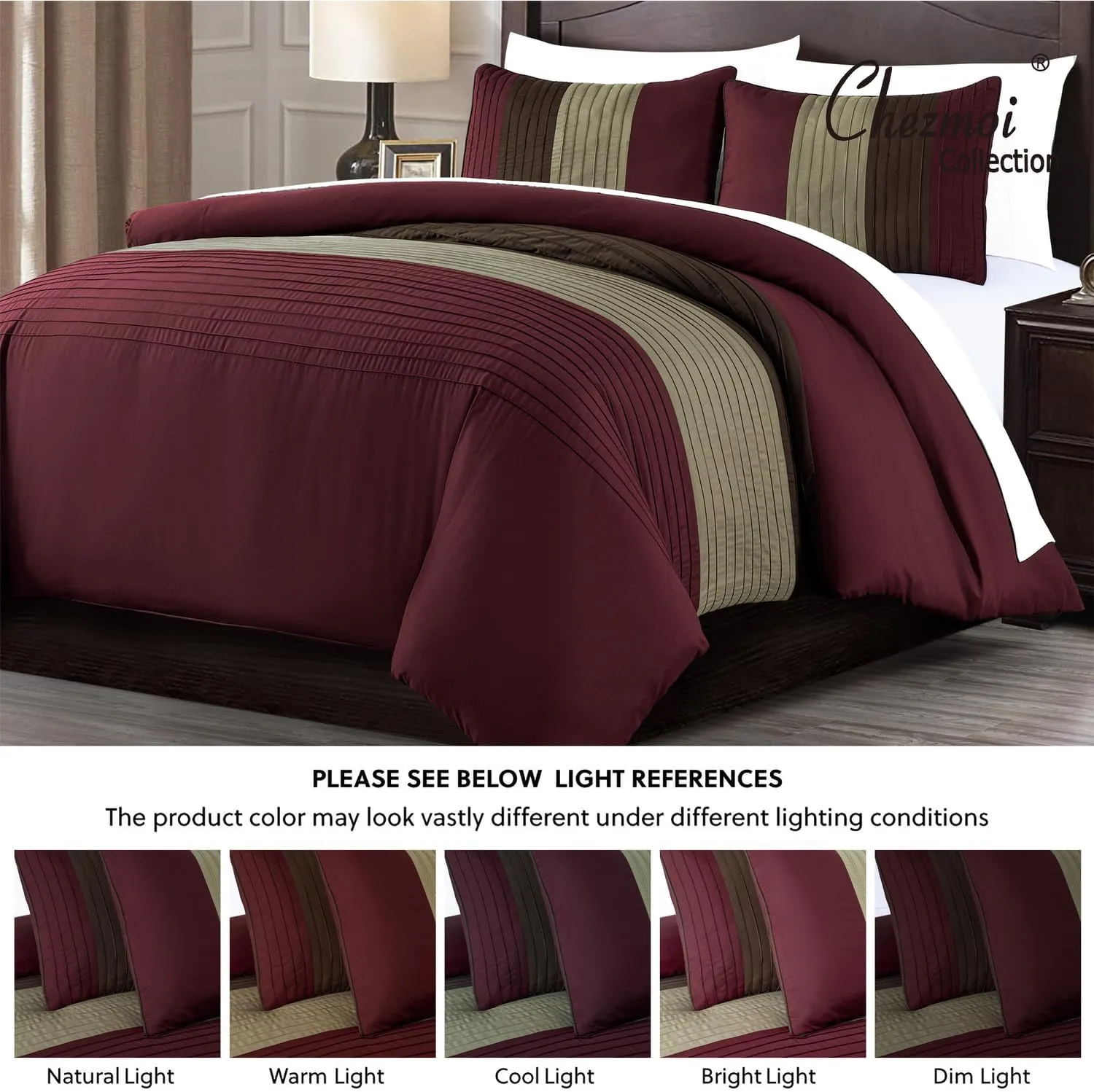 Chezmoi Collection Briar 7-Piece Queen Bed in a Bag - All Season Lightweight Microfiber Comforter Set - Includes Sheets & Shams - Burgundy/Coffee/Brown Pleated Stripe Design