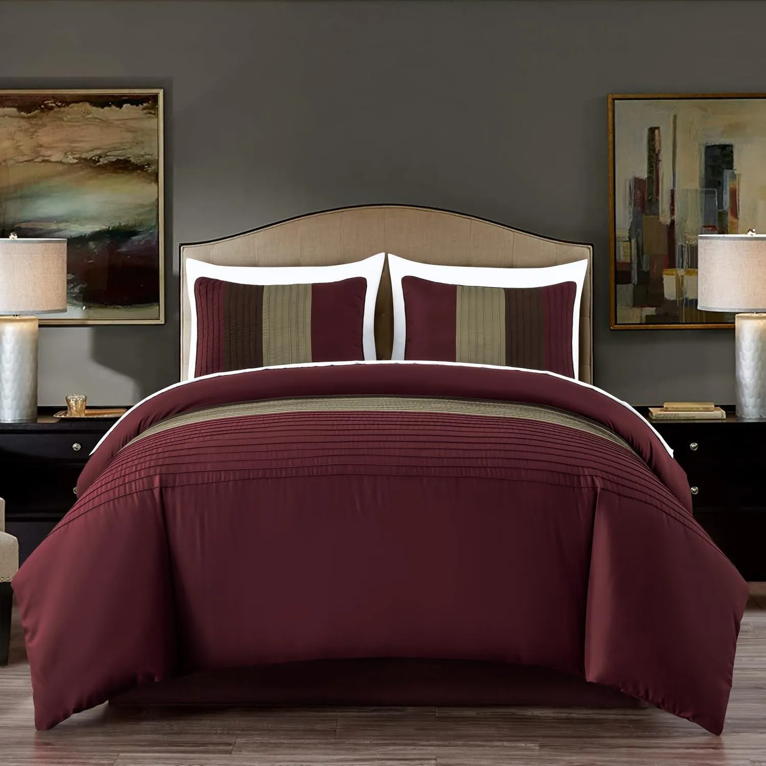 Chezmoi Collection Briar 7-Piece Queen Bed in a Bag - All Season Lightweight Microfiber Comforter Set - Includes Sheets & Shams - Burgundy/Coffee/Brown Pleated Stripe Design